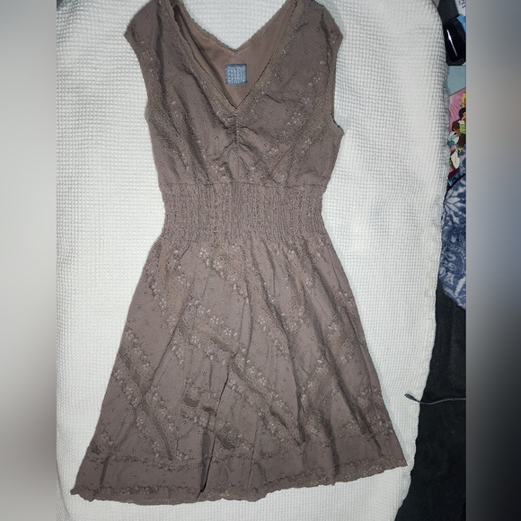 Rabbit Rabbit Rabbit Taupe Lace-Overlay V-Neck Mini Dress - Picture 1 of 12
